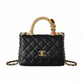 CHANEL Black Quilted Lambskin Jewel Ring Top Handle Flap Chain Bag