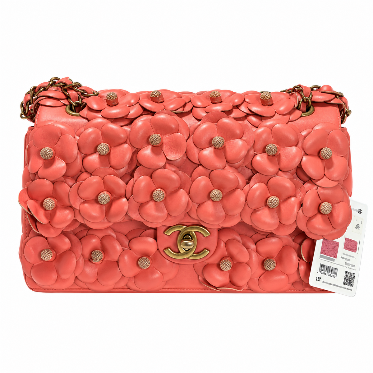 CHANEL Coral Pink Camellia Leather Appliqué Flap Bag Gold Chain