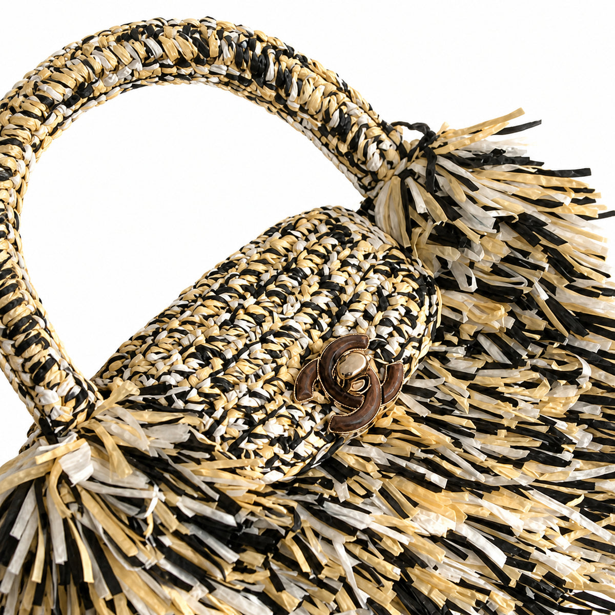 Chanel Black White Raffia Fringe Flap Bag Tortoiseshell CC Chain Cruise