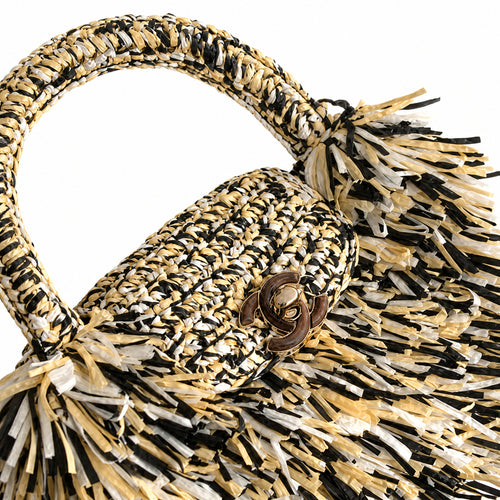 Chanel Black White Raffia Fringe Flap Bag Tortoiseshell CC Chain Cruise