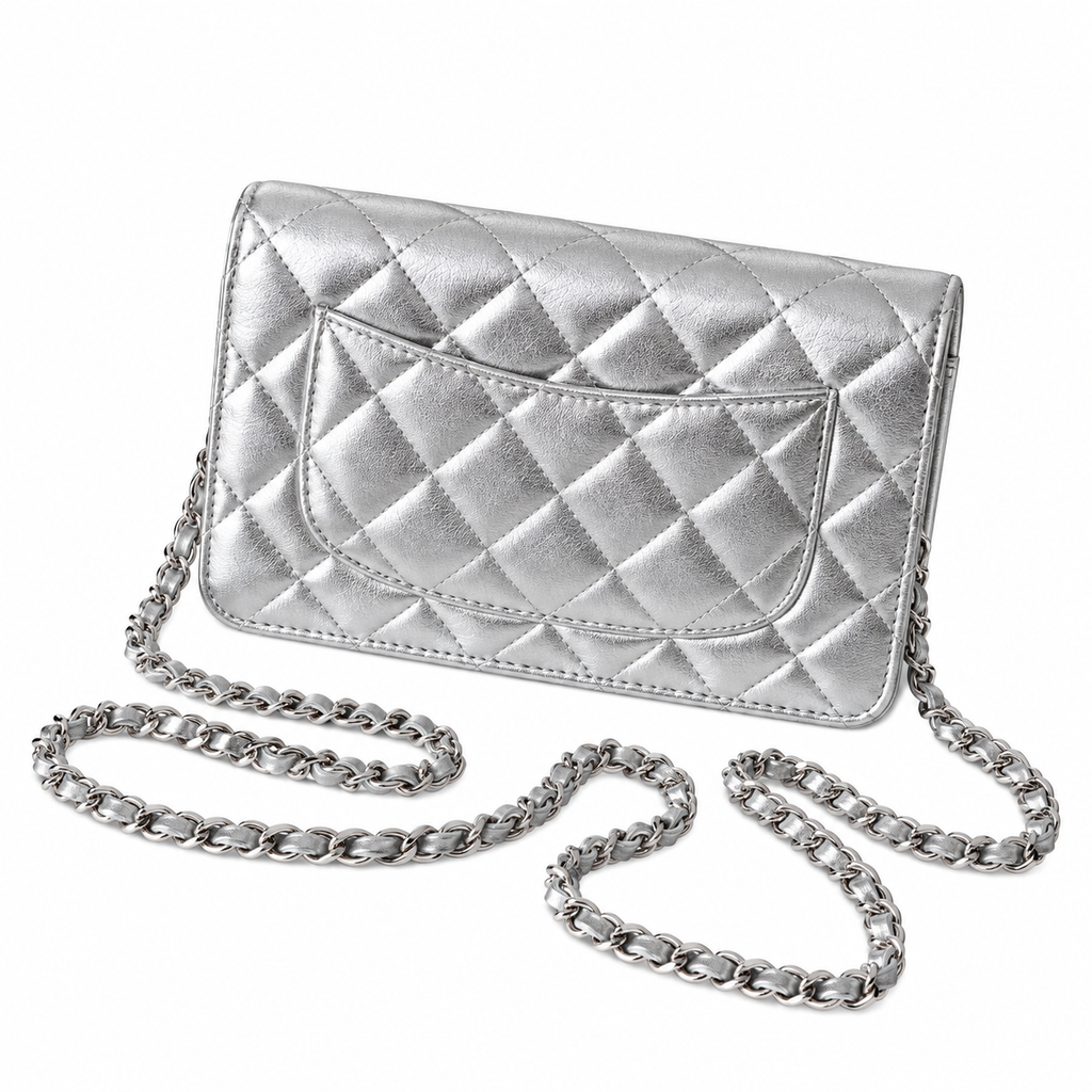 Chanel Wallet on Chain (WOC) | Silver Metallic Quilted Leather Silver Hardware | 19cm