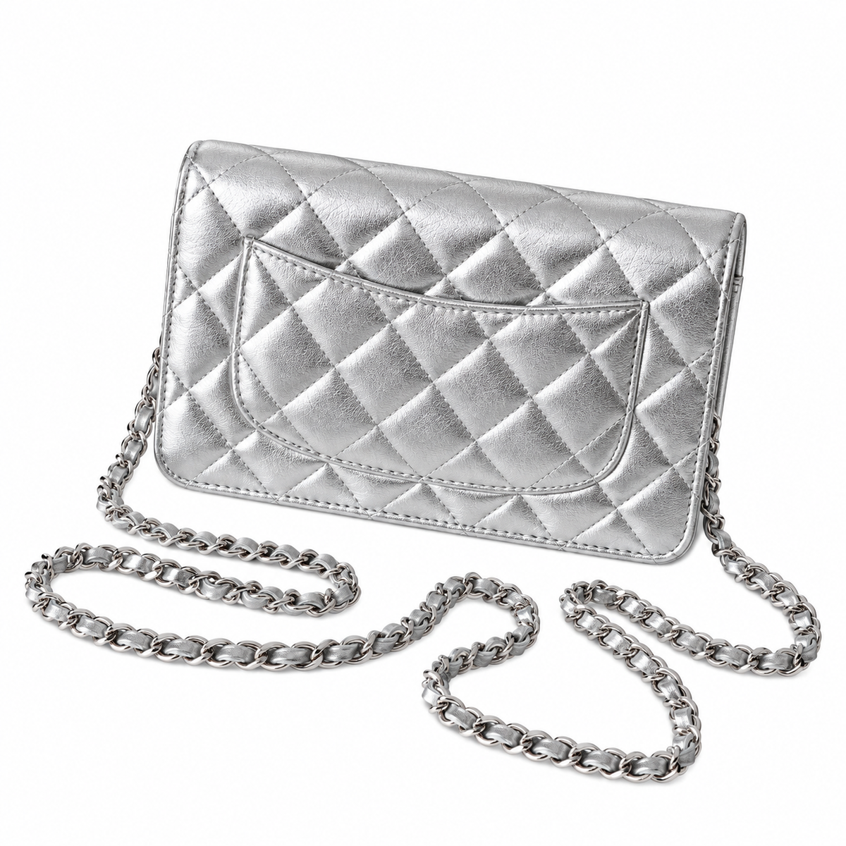Chanel Wallet on Chain (WOC) | Silver Metallic Quilted Leather Silver Hardware | 19cm