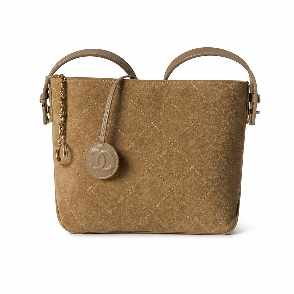 Chanel Camel Suede Quilted Bucket Crossbody Bag | Dual CC Leather Medallions | Top Handle & Strap | 20×18×12cm