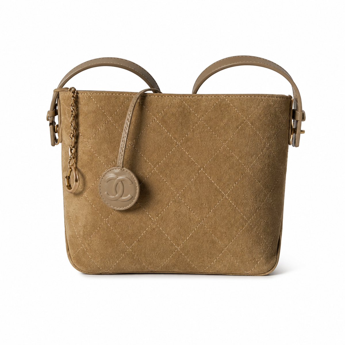 Chanel Camel Suede Quilted Bucket Crossbody Bag | Dual CC Leather Medallions | Top Handle & Strap | 20×18×12cm
