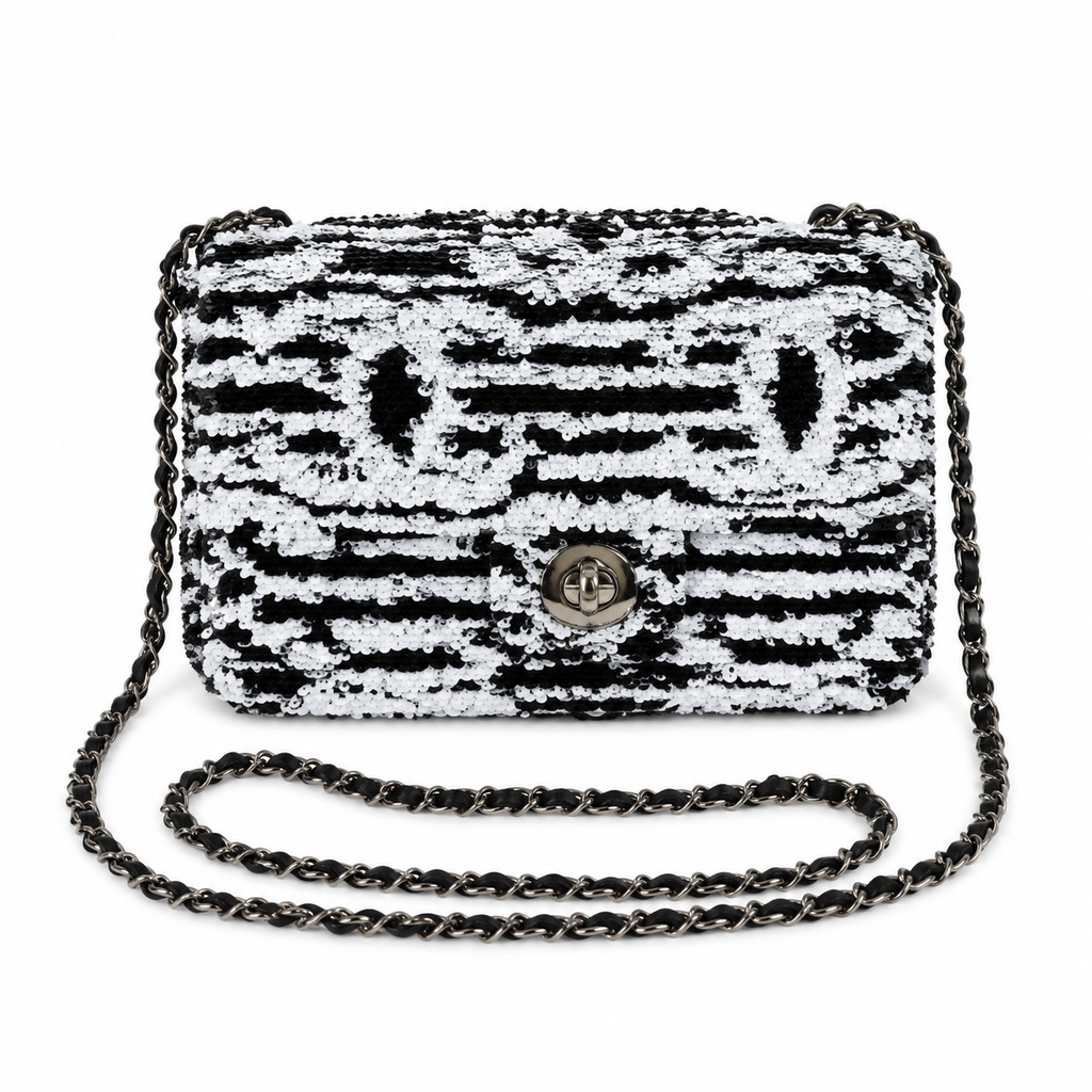 Chanel Black & White Zebra-Print Oversized Sequin Flap Bag | Square Gunmetal CC Turn-Lock & Black Leather Chain