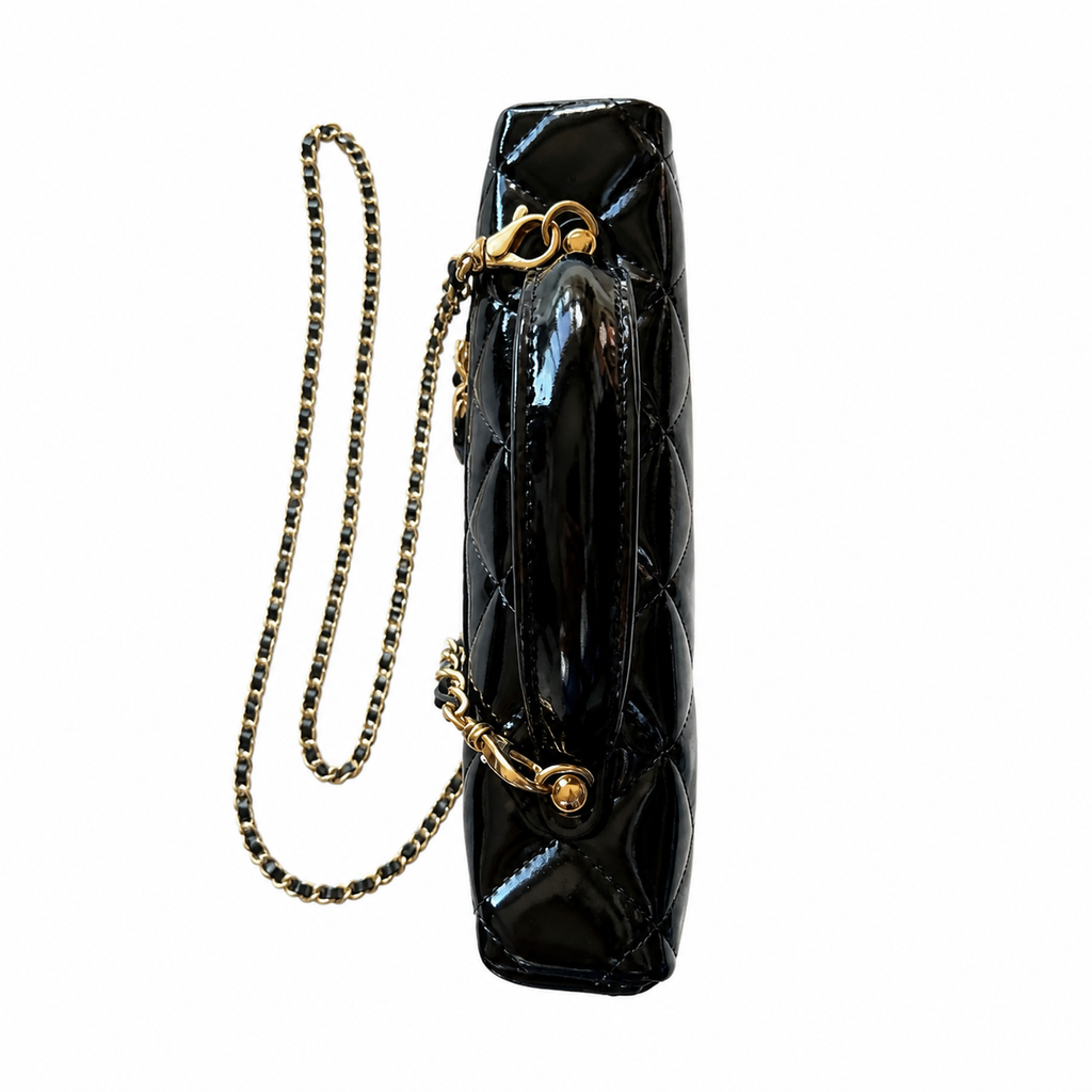 Chanel Pearl & Camellia CC Vanity Pouch Black Patent | Jewelled Gold CC & Chain — 19cm