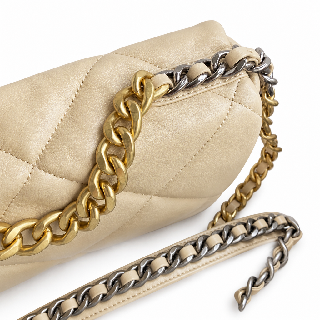 Chanel 19 Large Flap Bag Beige Cream Quilted Lambskin Mixed Metal Chain CC Turn-Lock 26cm