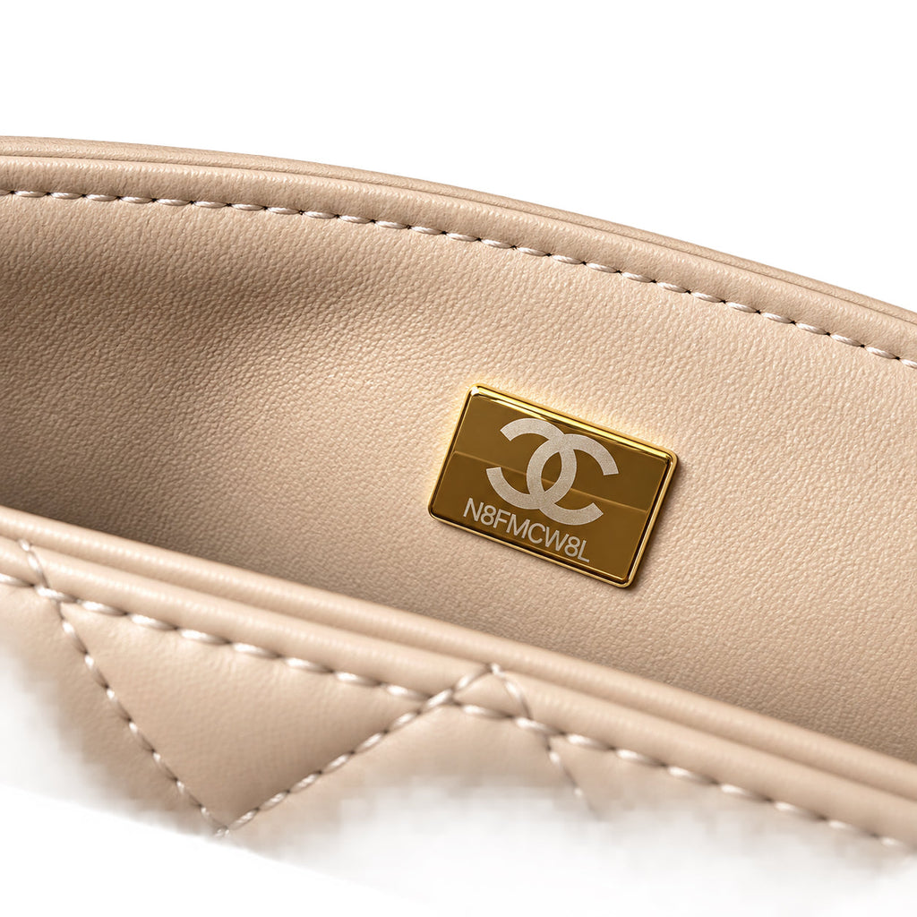 Chanel Nude Beige Lambskin Quilted Mini Flap Bag | CHANEL PARIS Gold Padlock Clasp & Gold Chain