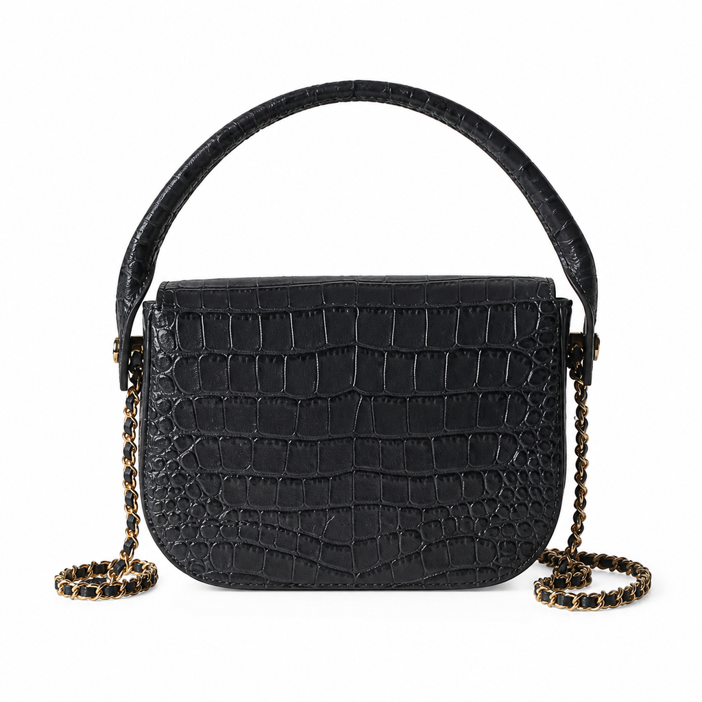 Chanel Flap Bag | Dark Grey Crocodile-Embossed Leather Top Handle & Gold Chain | 19.6cm