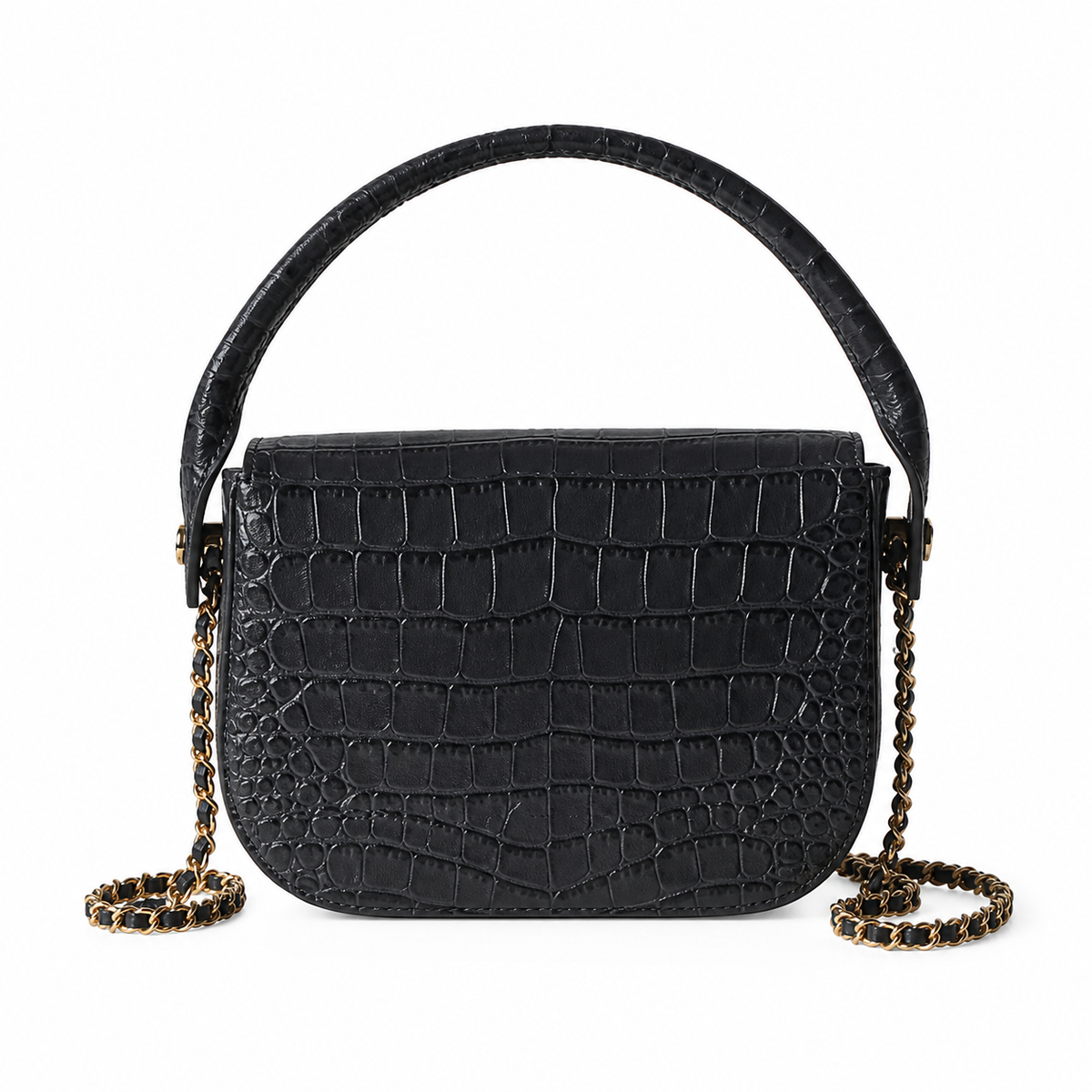Chanel Flap Bag | Dark Grey Crocodile-Embossed Leather Top Handle & Gold Chain | 19.6cm
