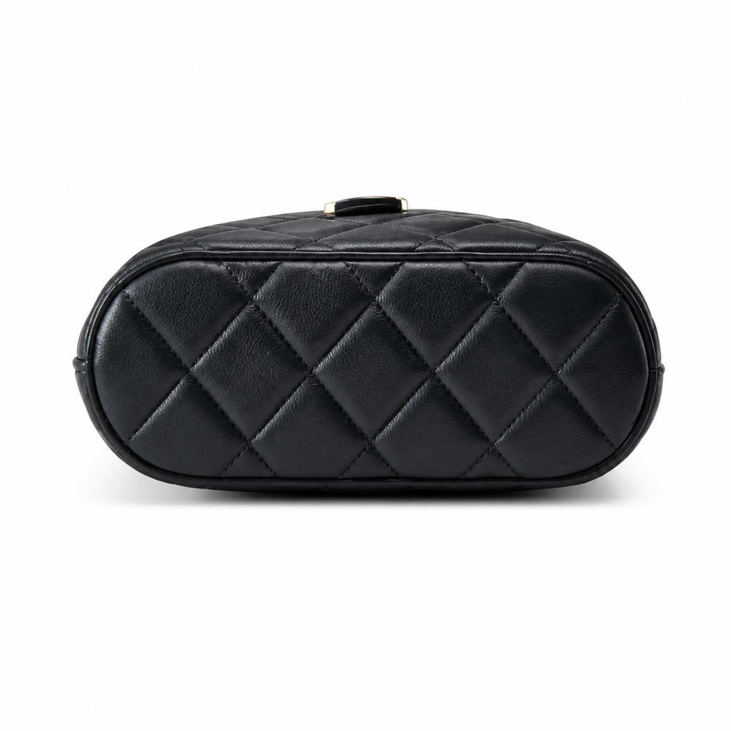 Chanel Black Quilted Lambskin Mini Bucket Bag | Double-Pull Gold Zipper, Dual Compartment & D-Ring Top Handle