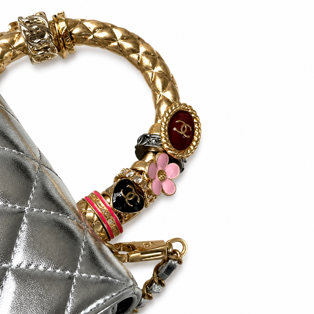 CHANEL Silver Quilted Leather Jewel Top Handle Flap Chain Bag