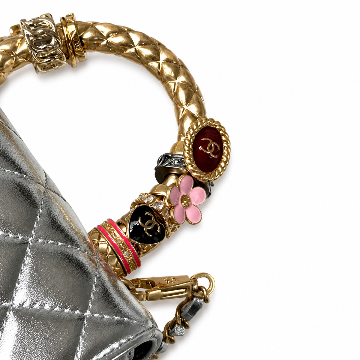 CHANEL Silver Quilted Leather Jewel Top Handle Flap Chain Bag
