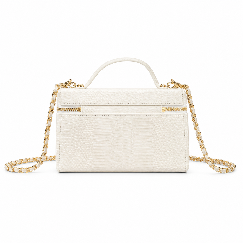CHANEL White Croc-Embossed Leather Vanity Case Top Handle Chain Bag
