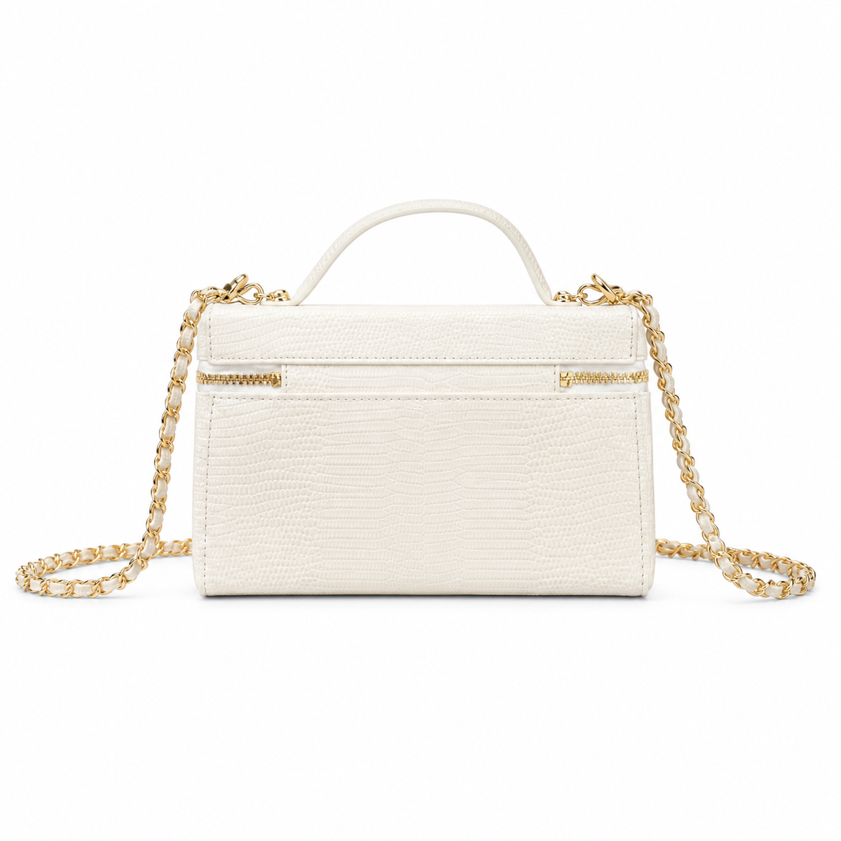 CHANEL White Croc-Embossed Leather Vanity Case Top Handle Chain Bag
