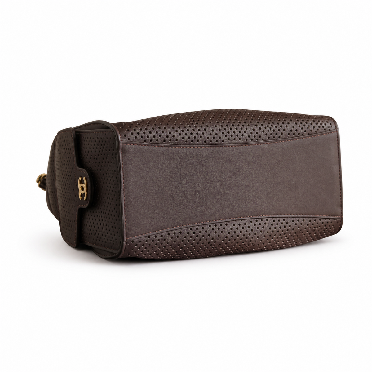 Chanel Perforated Leather Large Shoulder Bag Dark Brown Aged Gold CC Hardware 30cm