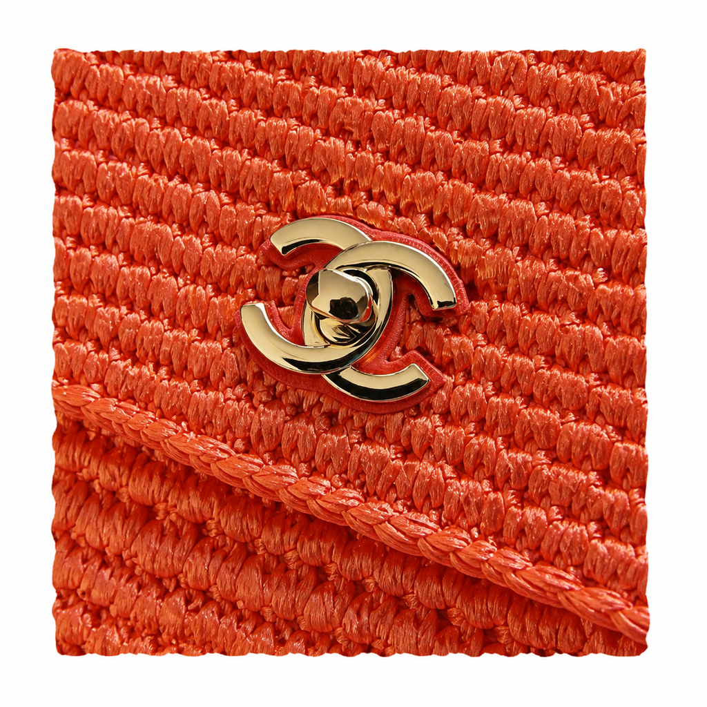 Chanel Orange Raffia Woven Classic Flap Shoulder Bag | Gold CC Turn-Lock | Chain Strap | 16×25.5×7cm