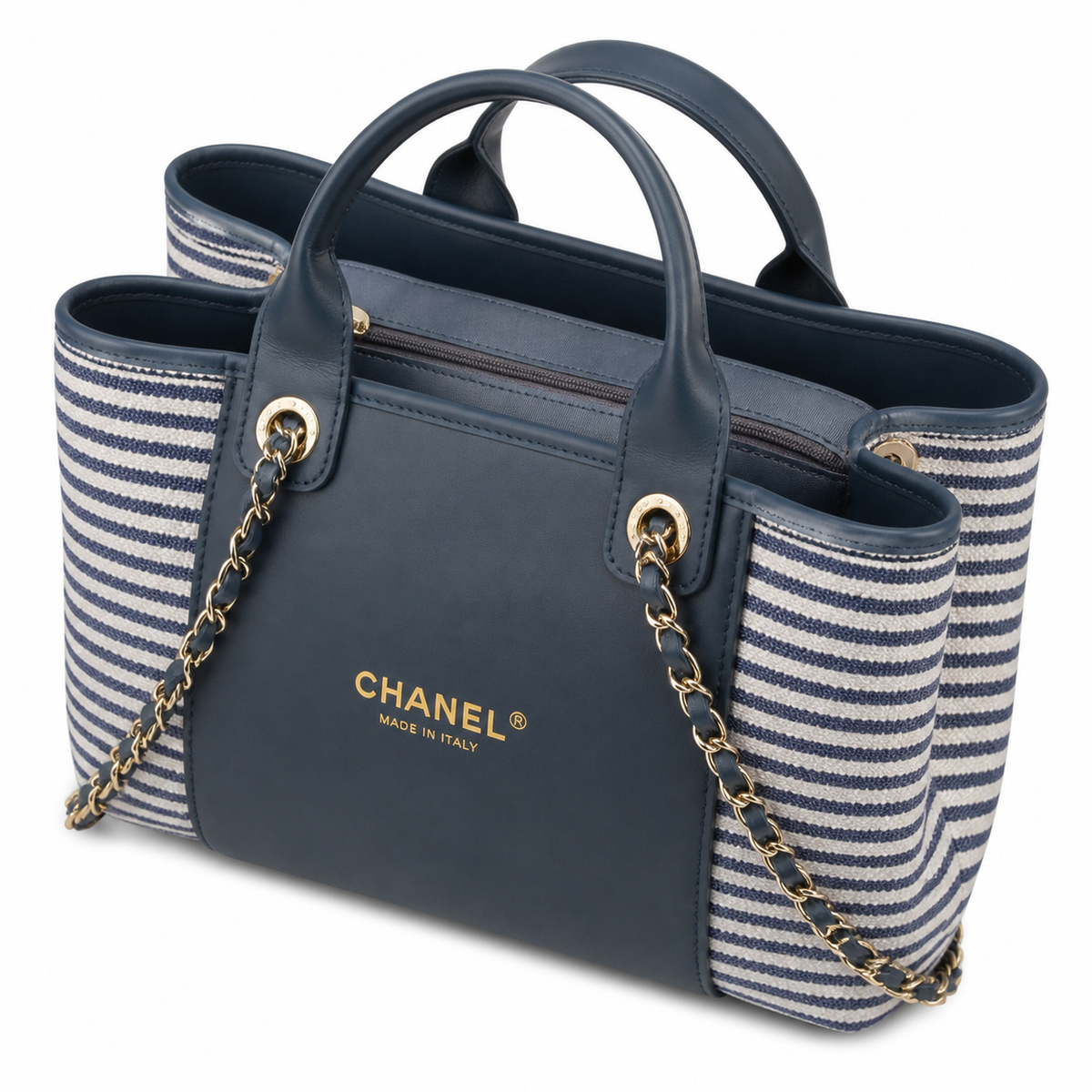 Chanel Navy & Ivory Stripe Woven Large Shopping Tote | Gold CC | Navy Leather & Chain | 25×46×13cm