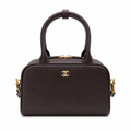 CHANEL Dark Brown Leather Mini Bowling Bag CC Gold Top Handle