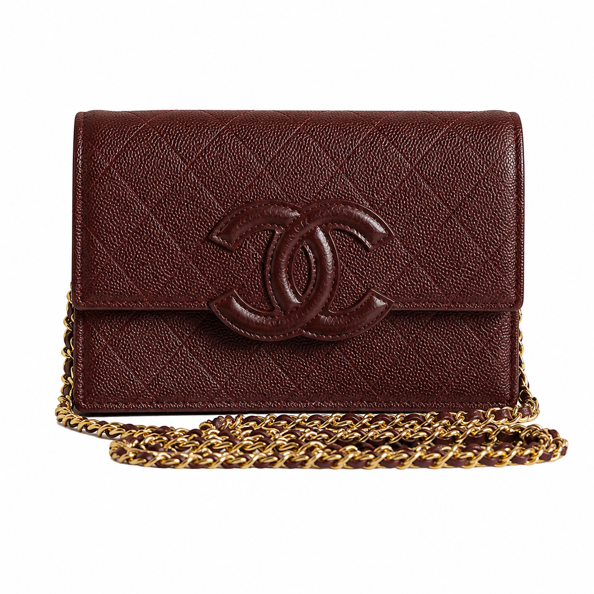Chanel CC Filigree Wallet on Chain WOC Burgundy Quilted Caviar Leather Gold Chain Crossbody 19cm