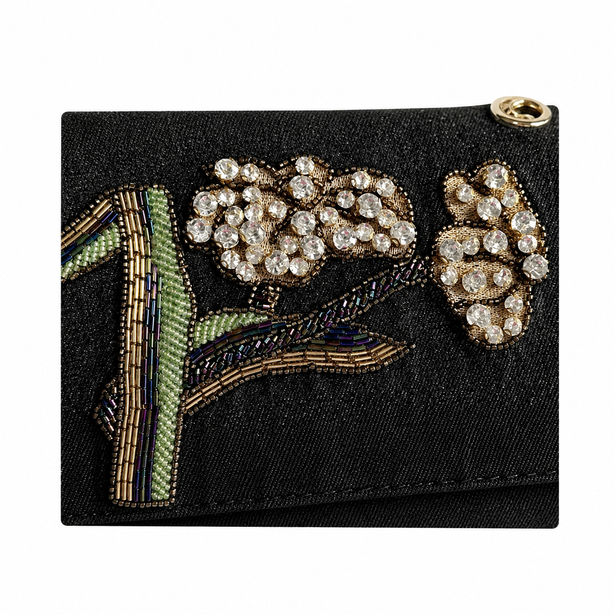 CHANEL Black Denim Sequin Crystal Floral Embroidered Flap Bag