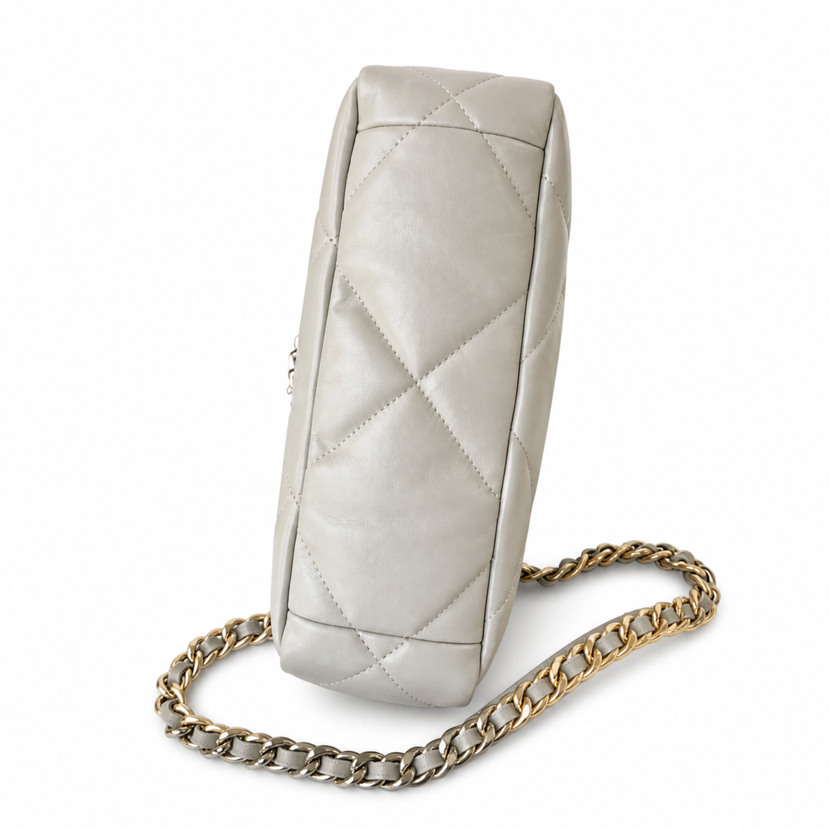Chanel 19 Large Flap Bag Light Grey Quilted Lambskin Mixed Metal Chain Pearl CC Turn-Lock 26cm