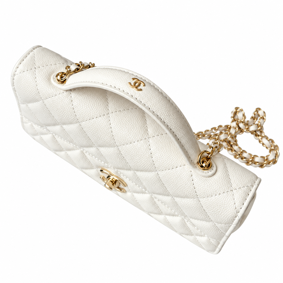 Chanel Mini Flap Bag with Top Handle White Lambskin Gold CC Hardware 18.5cm