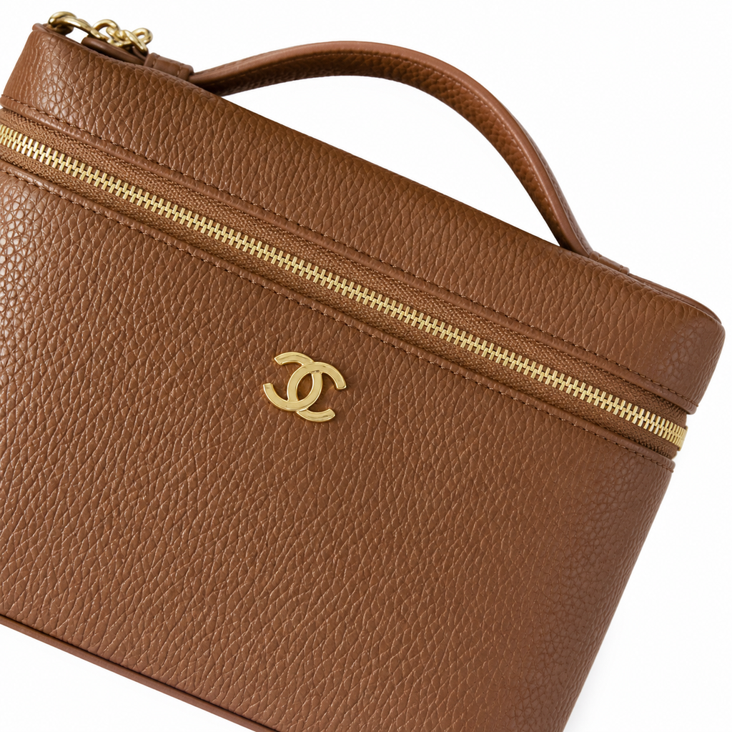 Chanel Brown Caviar Leather Vanity Case Crossbody Bag | Gold CC | Top Handle | 15×23×5cm