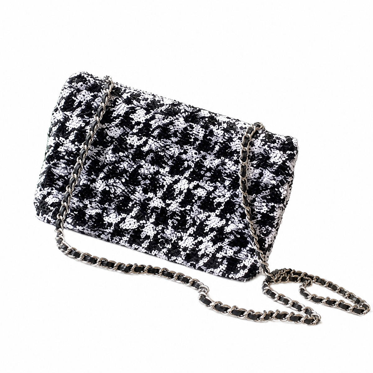 Chanel Black White Sequin Classic Flap Bag Silver CC Chain Crossbody
