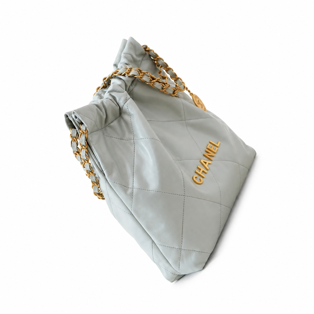 Chanel 22 Large Bag Pale Blue Grey Quilted Calfskin Gold Chain CC Medallion 35cm