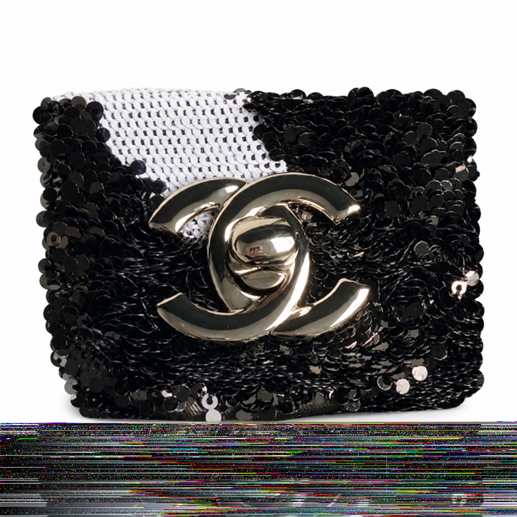 Chanel Black Sequin White Bow Embroidered Flap Bag Silver Chain