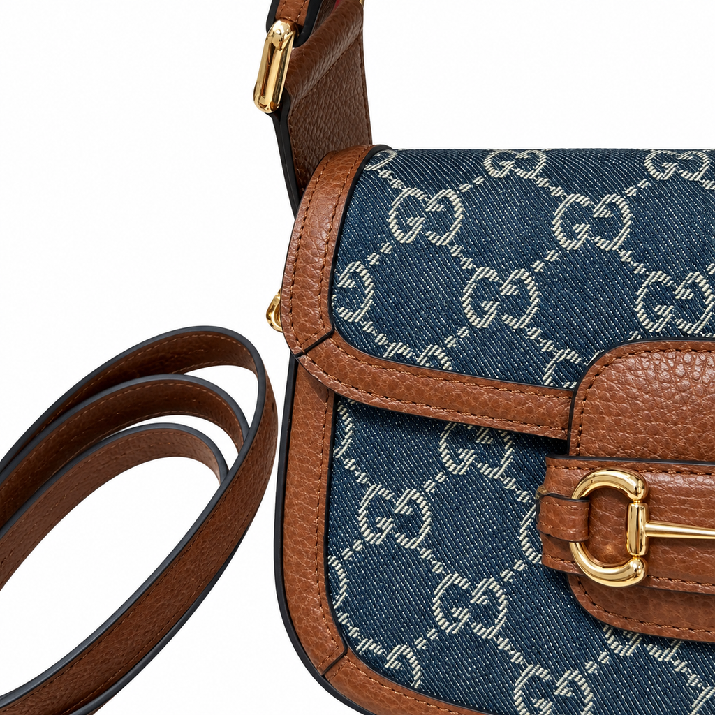 Gucci Horsebit 1955 Mini Bag in Blue GG Denim Canvas with Brown Leather Trim
