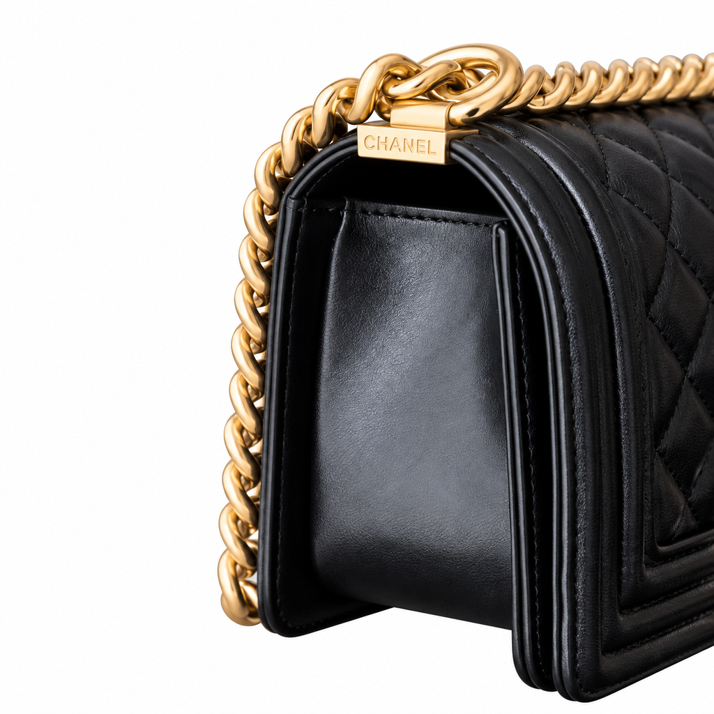 Chanel Boy Bag Small Black Quilted Lambskin Aged Gold Hardware Chunky Chain CHANEL Logo Plate 20cm