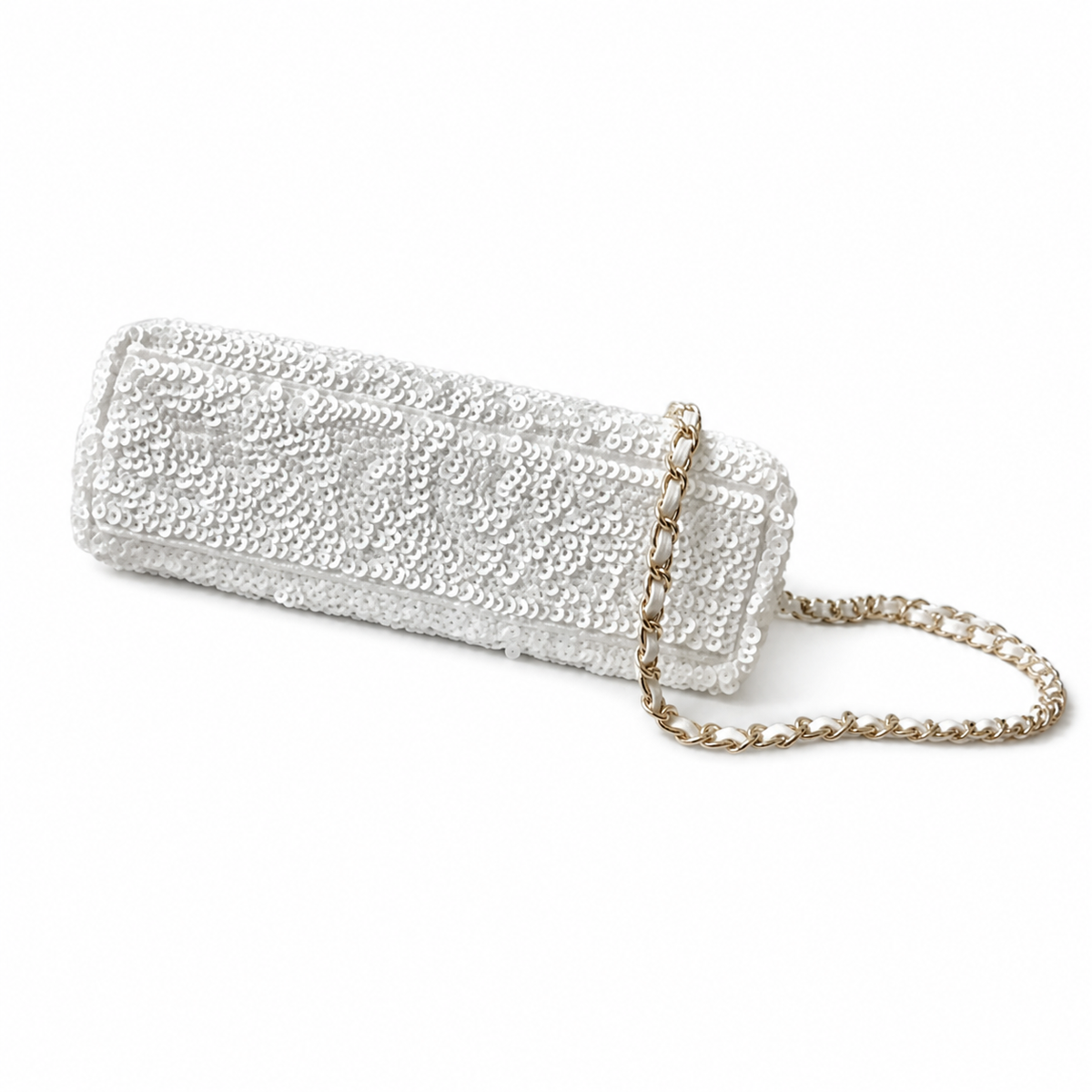 Chanel White Pearl Sequin Kelly Top Handle Bag Silver CC Chain Bridal Evening