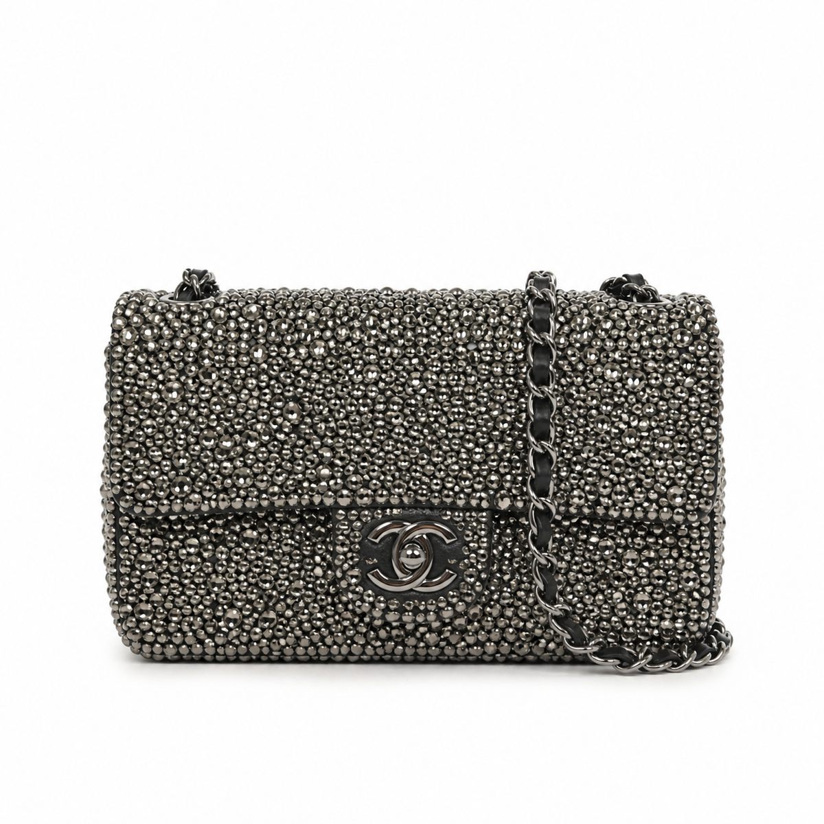 Chanel Gunmetal Crystal Embellished Classic Flap Bag Silver CC Chain