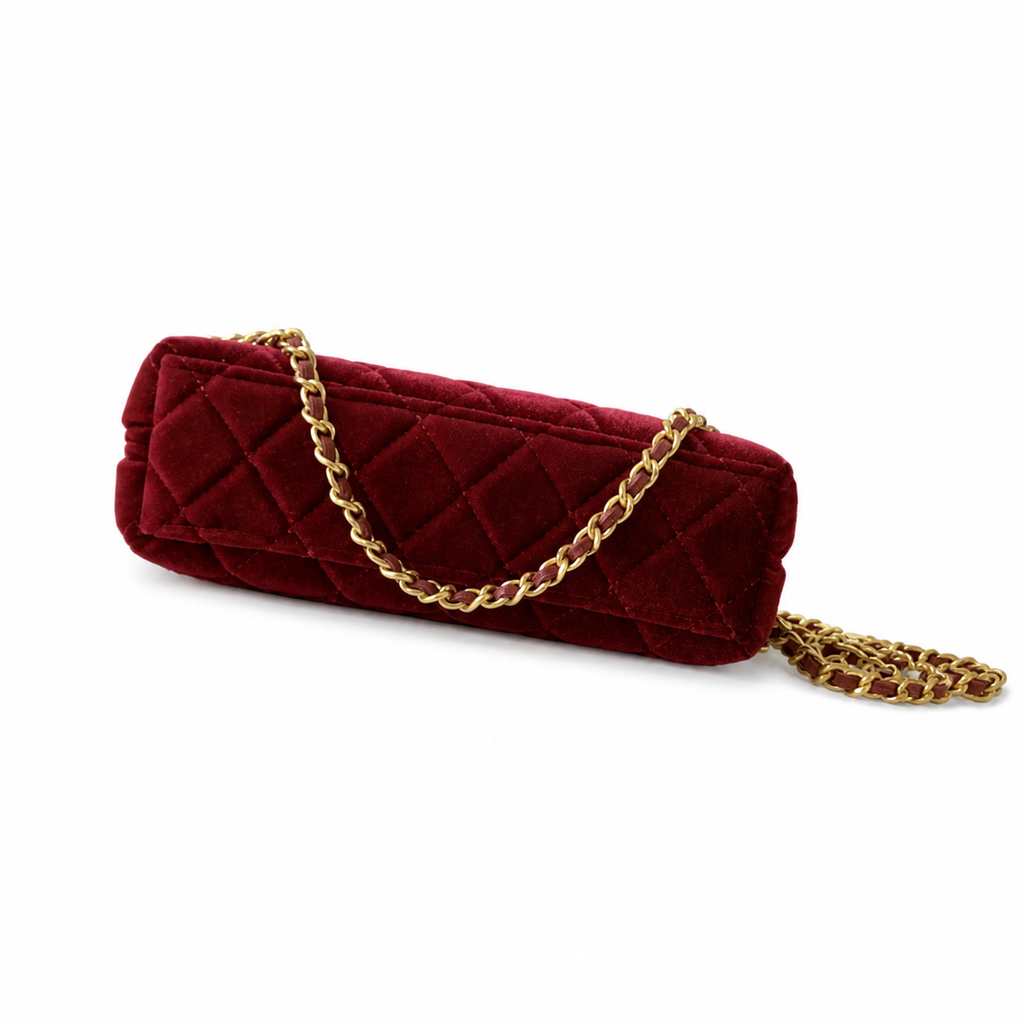Chanel Red Velvet Quilted Heart Bag Gold CC Flap Top Handle