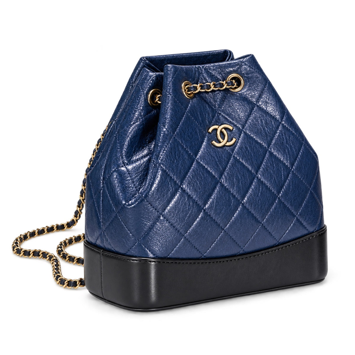 Chanel Gabrielle Backpack Navy Blue Aged Calfskin Black Patent Base Mixed Metal Hardware Drawstring Chain 24cm