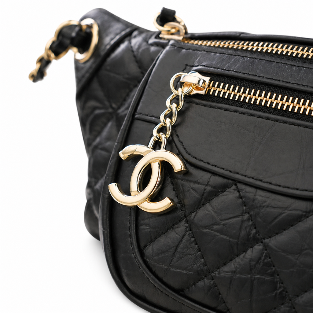 Chanel Vintage Quilted Black Leather Belt Bag Waist Bag CC Charm Double Zip Gold Chain Crossbody 34cm