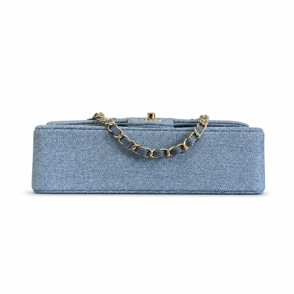 CHANEL Blue Denim Crystal Floral Embroidered Flap Chain Bag