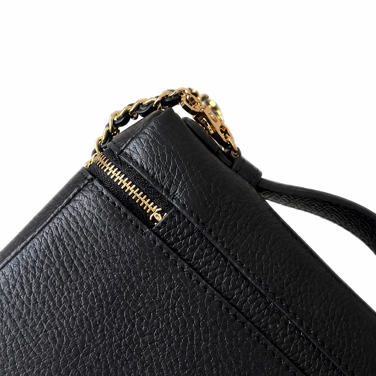 Chanel Black Pebbled Leather Mini Top Handle Zip Bag Gold Chain Crossbody