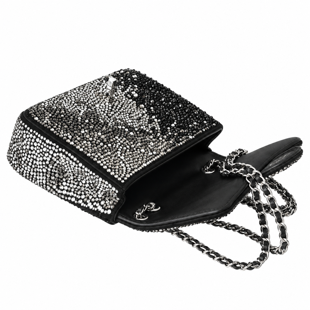 Chanel Black & Silver Crystal Leopard Print Rhinestone Mini Flap Evening Bag | Silver CC | Chain | 20cm