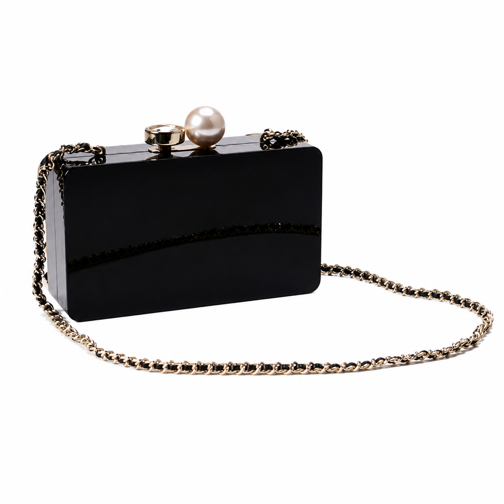 Chanel Black Crystal & Pearl Embellished Evening Box Clutch | Gold Chain | 16×11.6×6.8cm