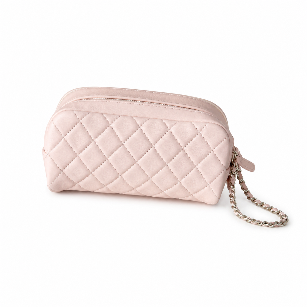 Chanel Light Pink Lambskin Quilted Dome Demi-Lune Cosmetic Clutch Silver Chain Wrist Strap 18cm