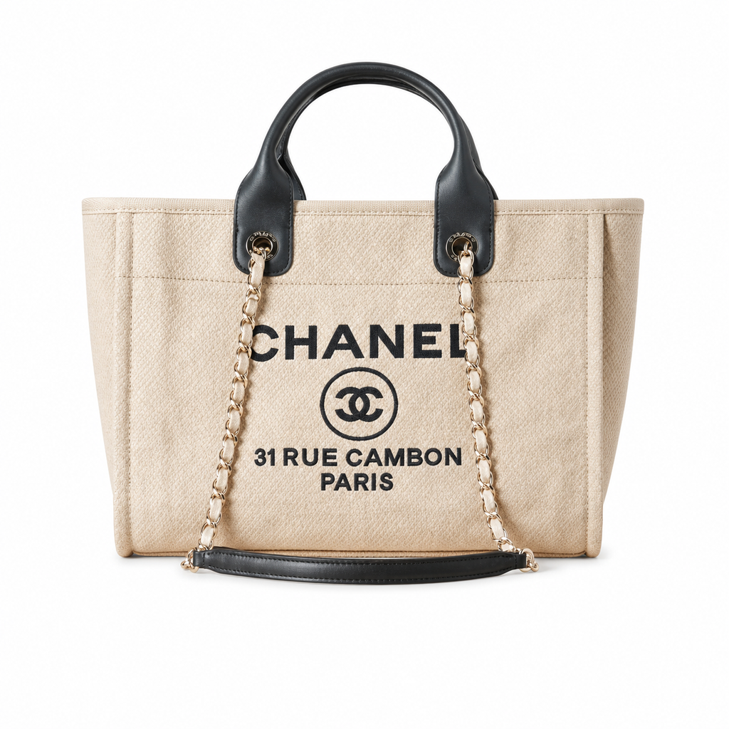Chanel Deauville Tote Large Beige Canvas Black Leather Handles Gold Chain Shoulder Bag 39cm