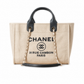 Chanel Deauville Tote Large Beige Canvas Black Leather Handles Gold Chain Shoulder Bag 39cm