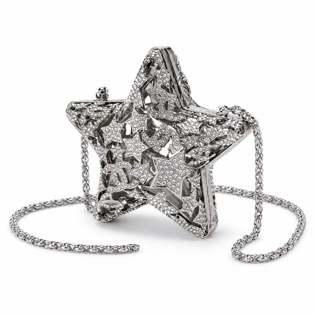 Chanel Silver Crystal Pavé Star Minaudière Evening Bag | CC Filigree | Gunmetal | 13cm