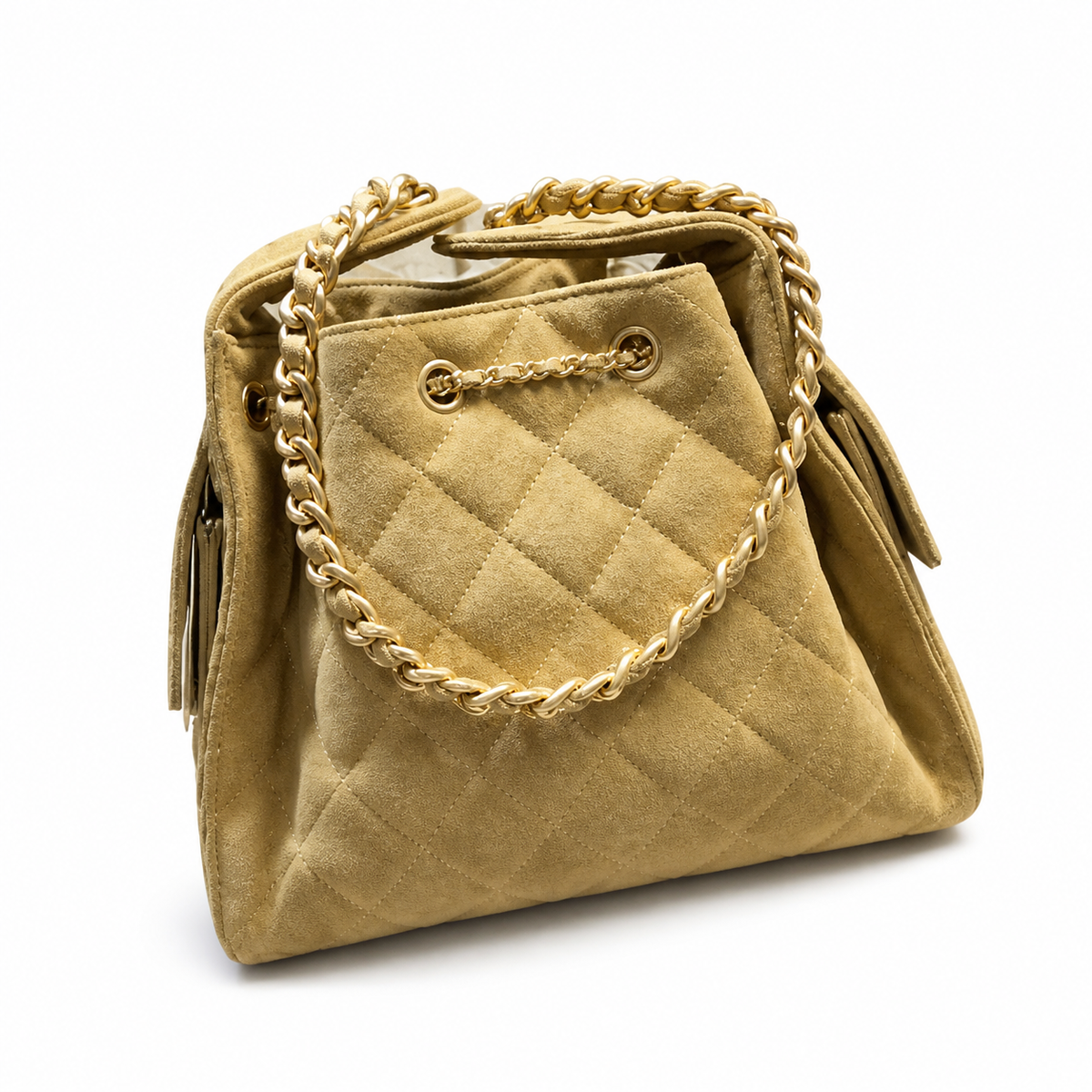 Chanel Quilted Suede Drawstring Bucket Bag Beige Gold Chain Tassel