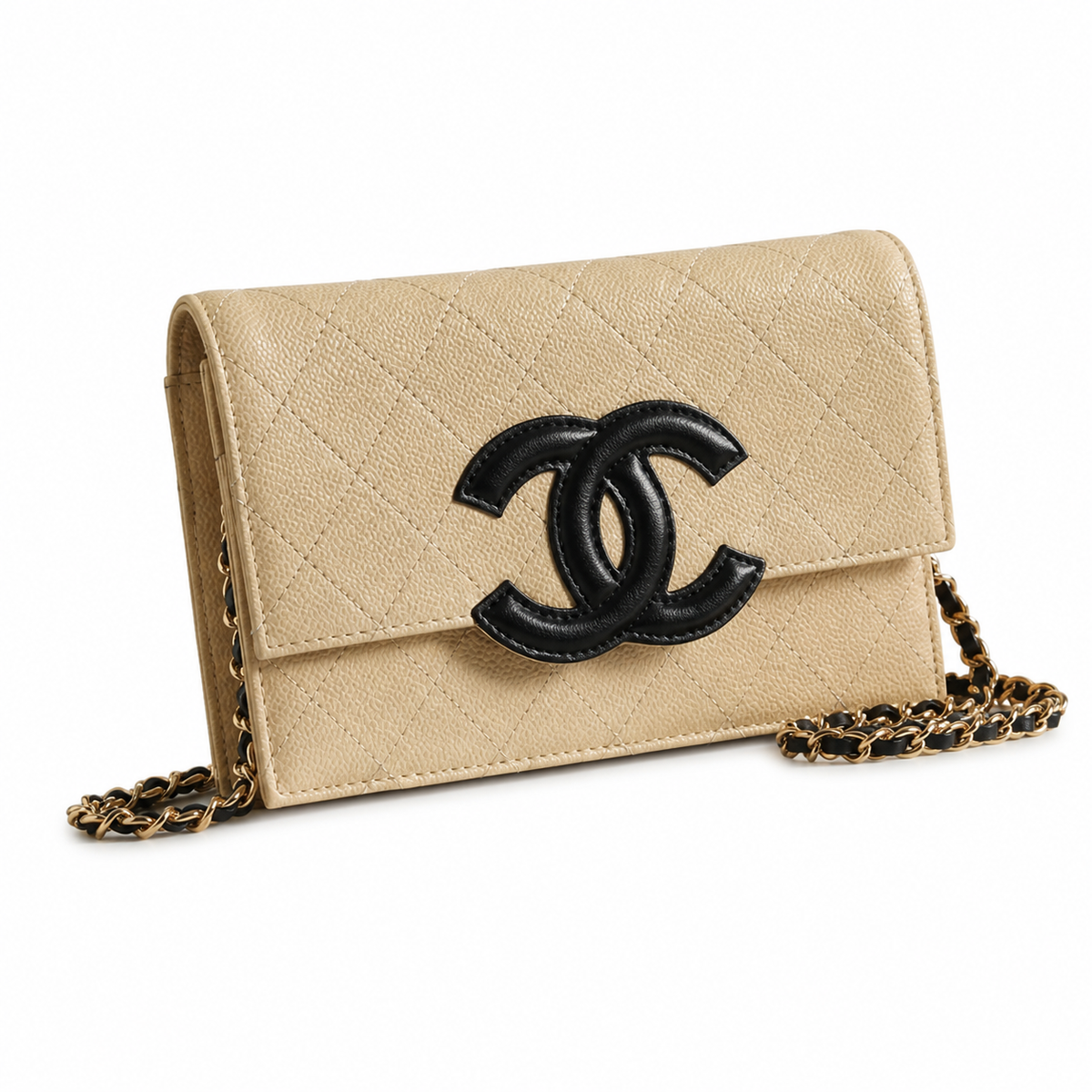 Chanel Bi-Color CC Appliqué Wallet on Chain WOC Beige Quilted Caviar Leather Black CC Gold Chain 19cm