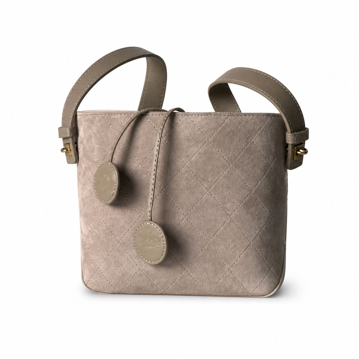 Chanel Greige Suede Quilted Square Shoulder Bag | Braided Leather & Gold Ring Charm | Adjustable Strap | 27.5×21×10cm