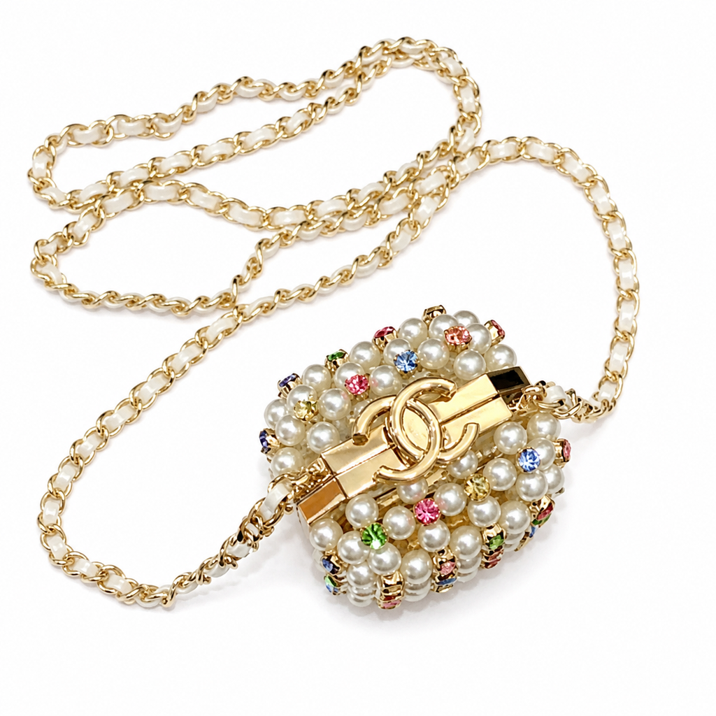 CHANEL Pearl Crystal Minaudiere Evening Bag Gold Chain CC Logo